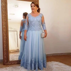 Vestido de talla grande para madre de la novia, traje de tul de encaje azul, manga larga, Formal, noche, fiesta, graduación, 3/4