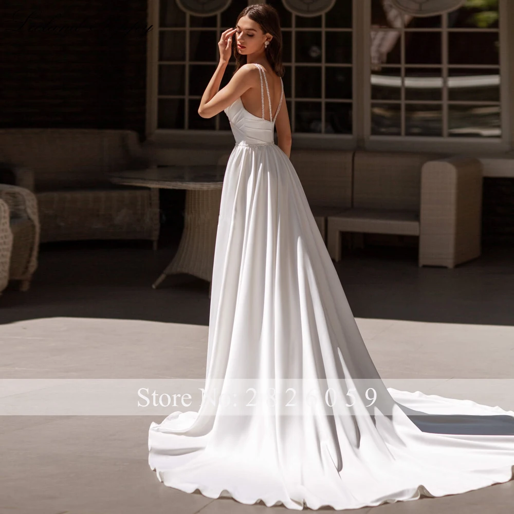 Lceland Poppy Customized A Line Sleeveless Satin Wedding Dresses Pleated Bridal Gowns with Court Train
