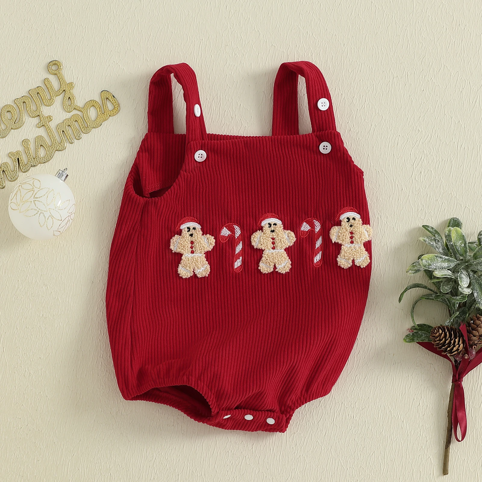 Tregren 0-18M Newborn Baby Christmas Romper Overalls Tree Letter Embroidery Sleeveless Corduroy Bodysuit Festival Infant Clothes