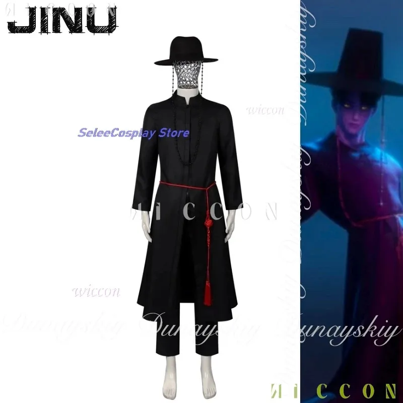 Cydisfraz mujer KPop Demon Hunters película Saja Boys Jinu Cosplay capitán más vocales con ropa negra, sombrero y peluca Cosplay