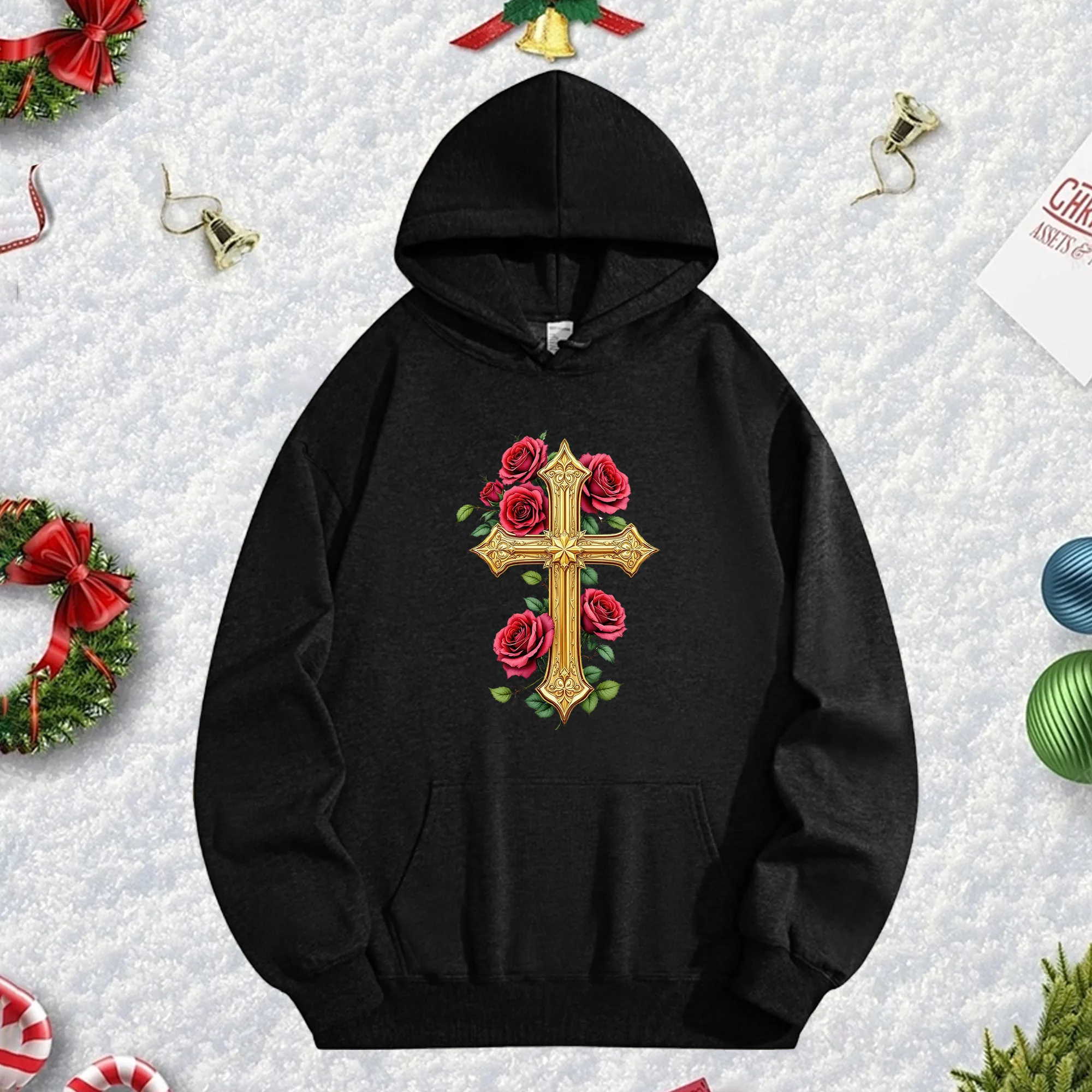 

Черная толстовка с капюшоном Rose Cross 270G для мужчин и женщин, уютный флисовый пуловер большого размера для осенне-зимнего рождественского сезона