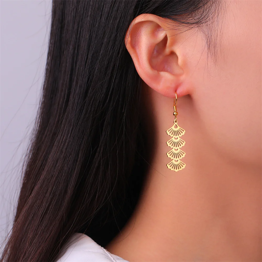 Stainless Steel Earrings Elegance Fan Pendants Light Luxury High-end Sense Banquet Gift Dangle Earrings For Women Jewelry Gifts