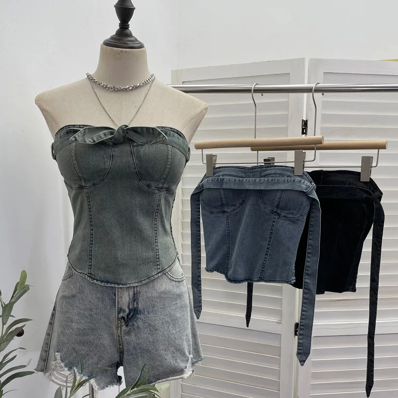 

Lace-up Bow Denim Strapless Crop Top Women Sling Vest Y2k Spice Girl Sleeveless Top Women
