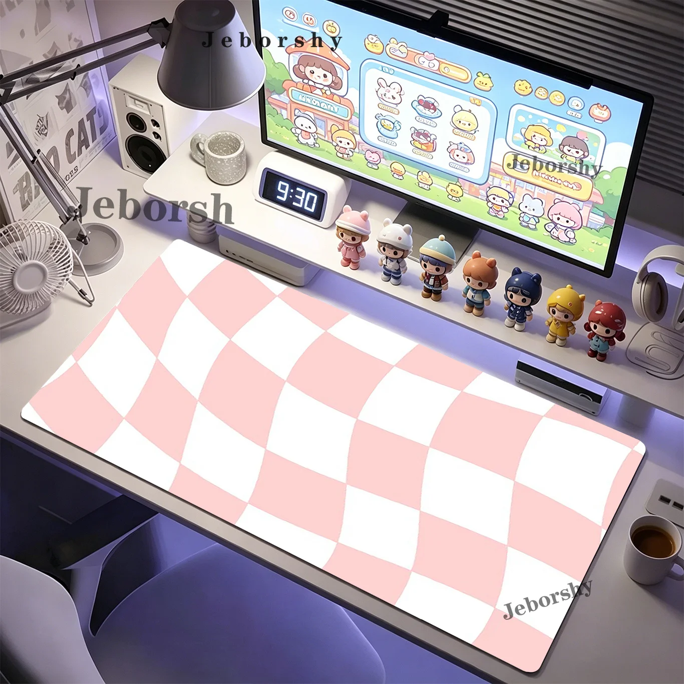 Gaming Mouse Pad, Large Mat, Anti-slip, Stitched Edges, Pink White Twist Check Print, Keyboard Pad for Gaming & Home
