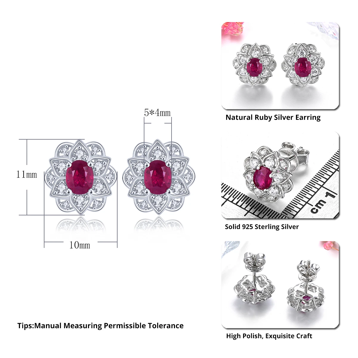 Natural Ruby Solid Sterling Silver Stud Earring 0.9 Carats Genuine Precious Gemstone Romantic Classic Luxury Fine Jewelry Gifts