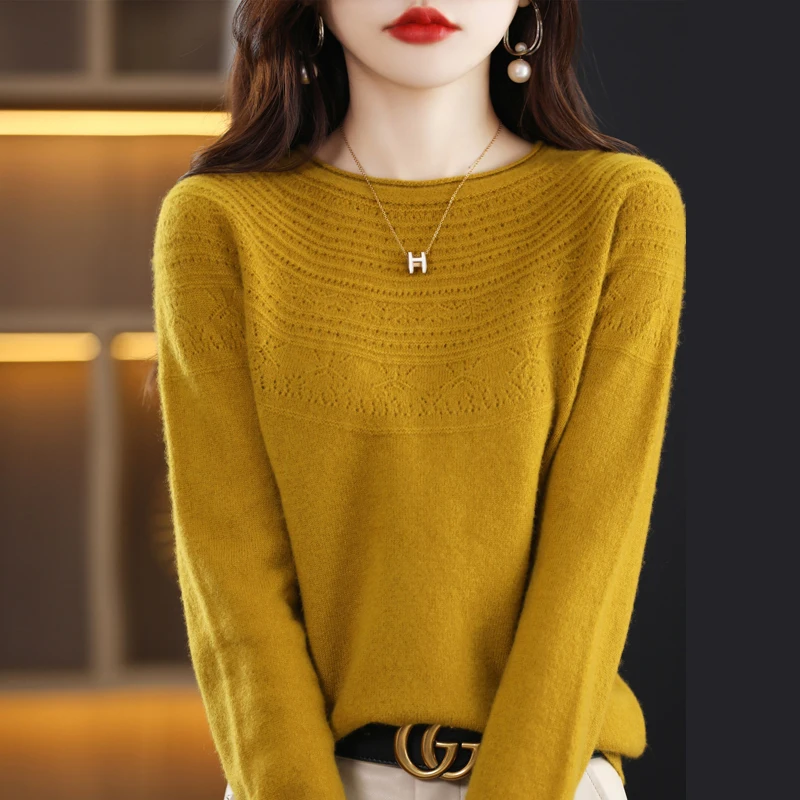 Fall/Winter New 100% Merino Pure Wool Round Collar Loose Women\'s Hollow Sweater with Full Knitting Base