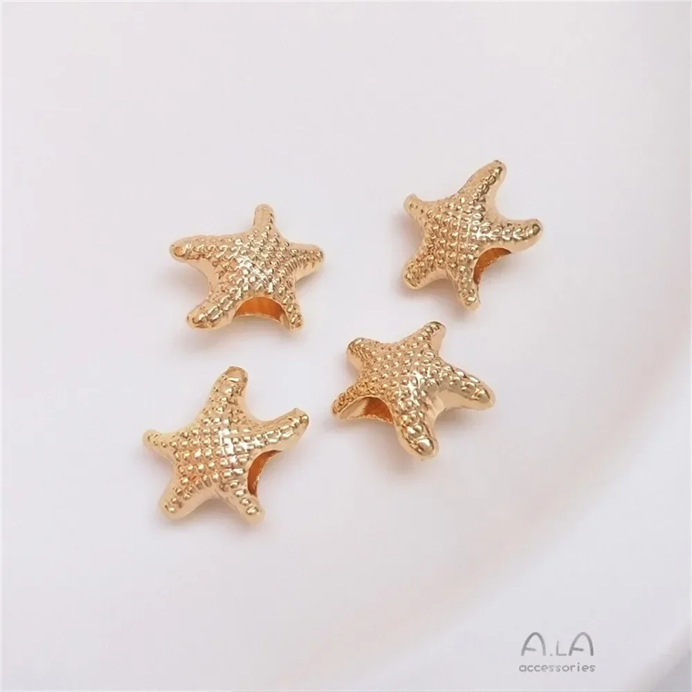 Cuentas con agujero grande de estrella de mar de cinco puntas envueltas en oro de 14K, decoración de cadena hecha a mano, estrellas grandes regordetas, accesorios de pulsera DIY