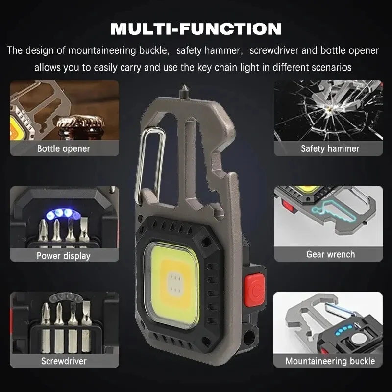 Mini COB Keychain Work Light with Battery Display 8 Modes Rechargeable High Lumens Portable LED Light for Camping Hiking Running