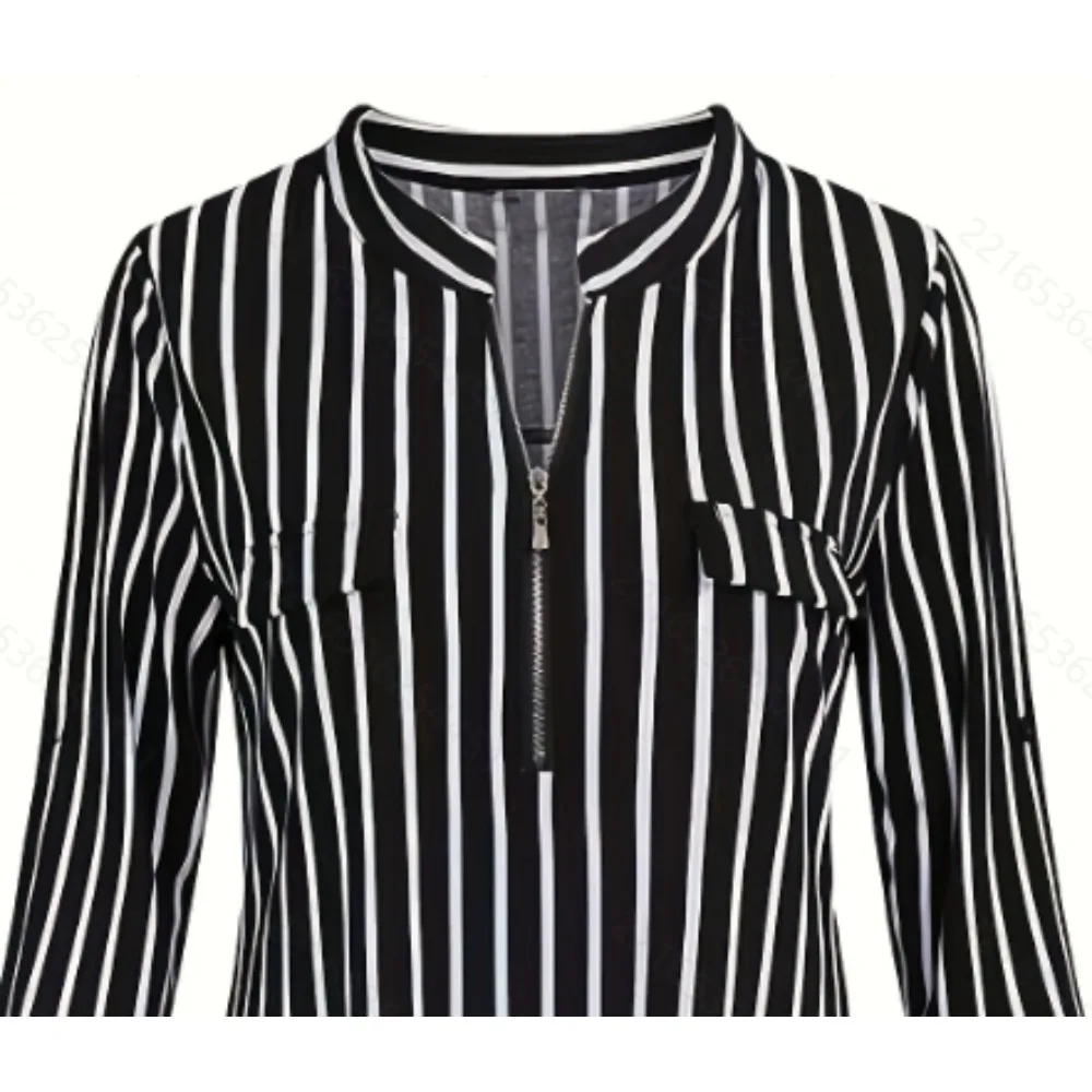Plus Size 1XL-5XL Womens Stripe 3/4 Sleeve Shirts Zipper V Neck Blouses Top Women Spring/Fall Fashion Stripe Pattern Shirt