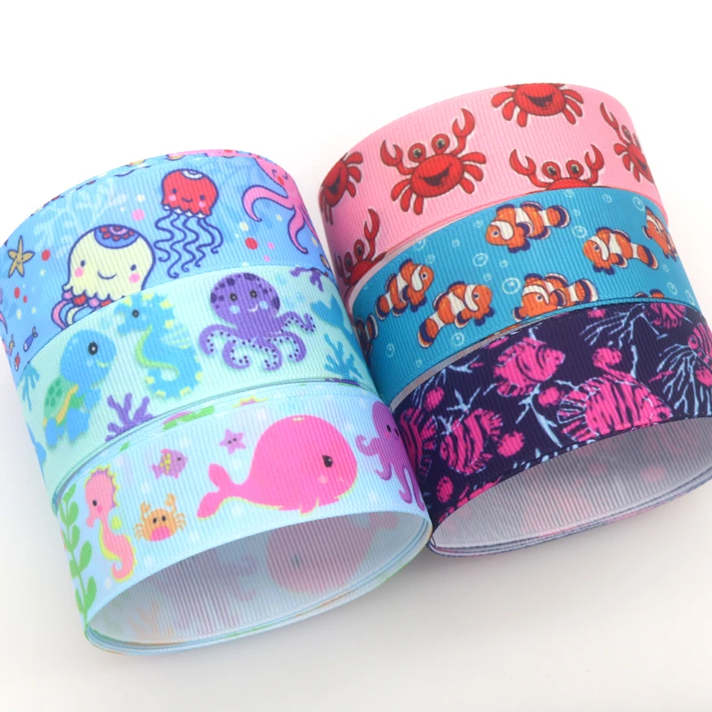 DHK 50yards Sea Fish Crab Printed Grosgrain Ribbon Accessories Material Headwear Decoration DIY Sewing Craft S1916