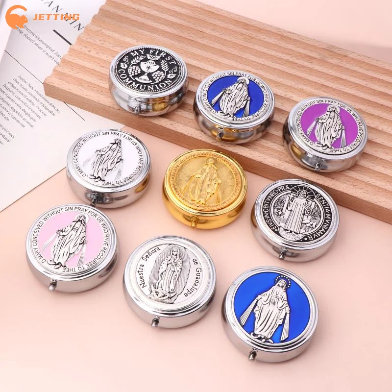 [ZENG001] 1 قطعة صغيرة مستديرة الرجعية المعادن المقدسة بالتواصل سانت بنديكت الوردية هدية صندوق تعبئة المجوهرات الدينية