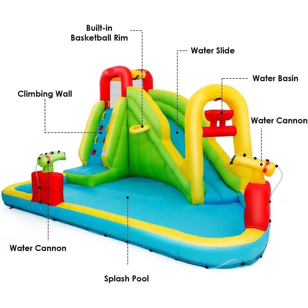 Scivolo d'acqua Iatable, casa da rimbalzo 7 in 1 con 2 diapositive, parete da arrampicata, piscina antispruzzo, bordo da basket, 2 pistole ad acqua, esterno