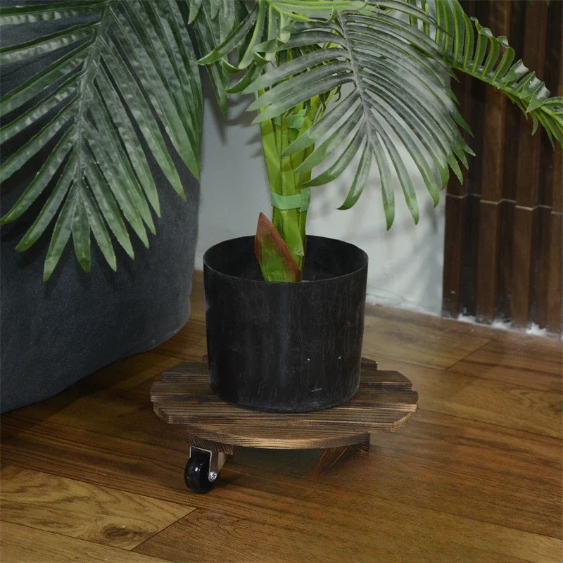 Move Your Potted Plants with Ease Thanks To This Pot Tray with Carbonized Wood Base and Heavy-Duty Wheels