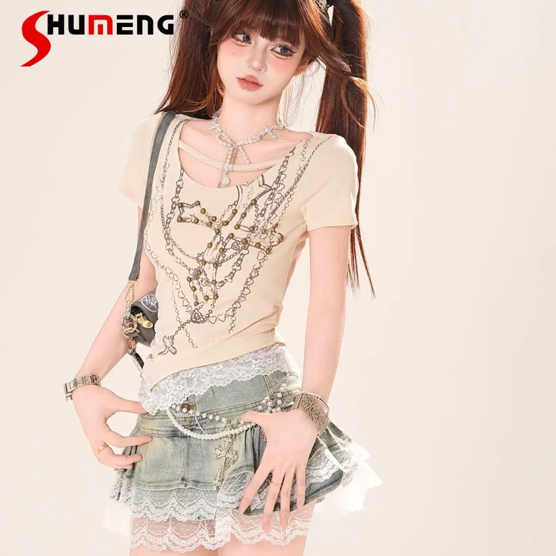 

Irregular Shoulder Short Sleeved Lace T-Shirt Women's Summer Waist Skinny Soft Girl Top Pullover Black Y2k Slimming Tees Ladies