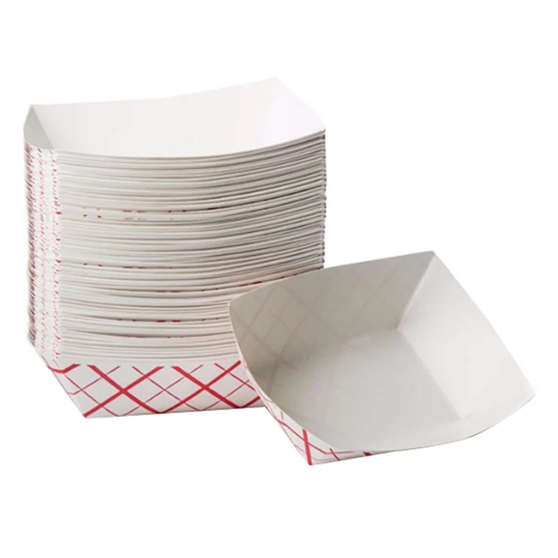 

100Pc Paper Food Trays Disposable - Red & White Checkered Leak Proof Paper Food Boats - Paper Trays for Food