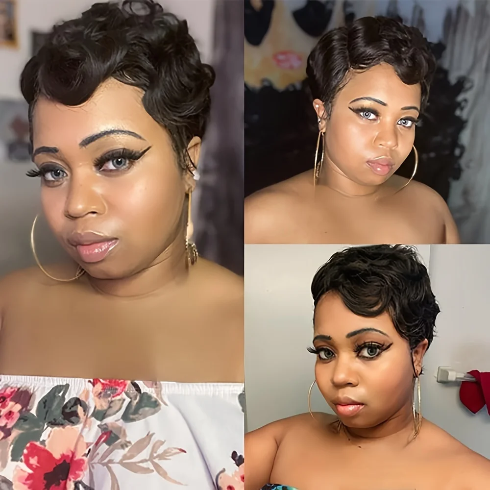 

Short Finger Wavy Wig Full Machine Made Curly Wig for Women Short Pixie Cut Wigs Human Hair Wig For Women