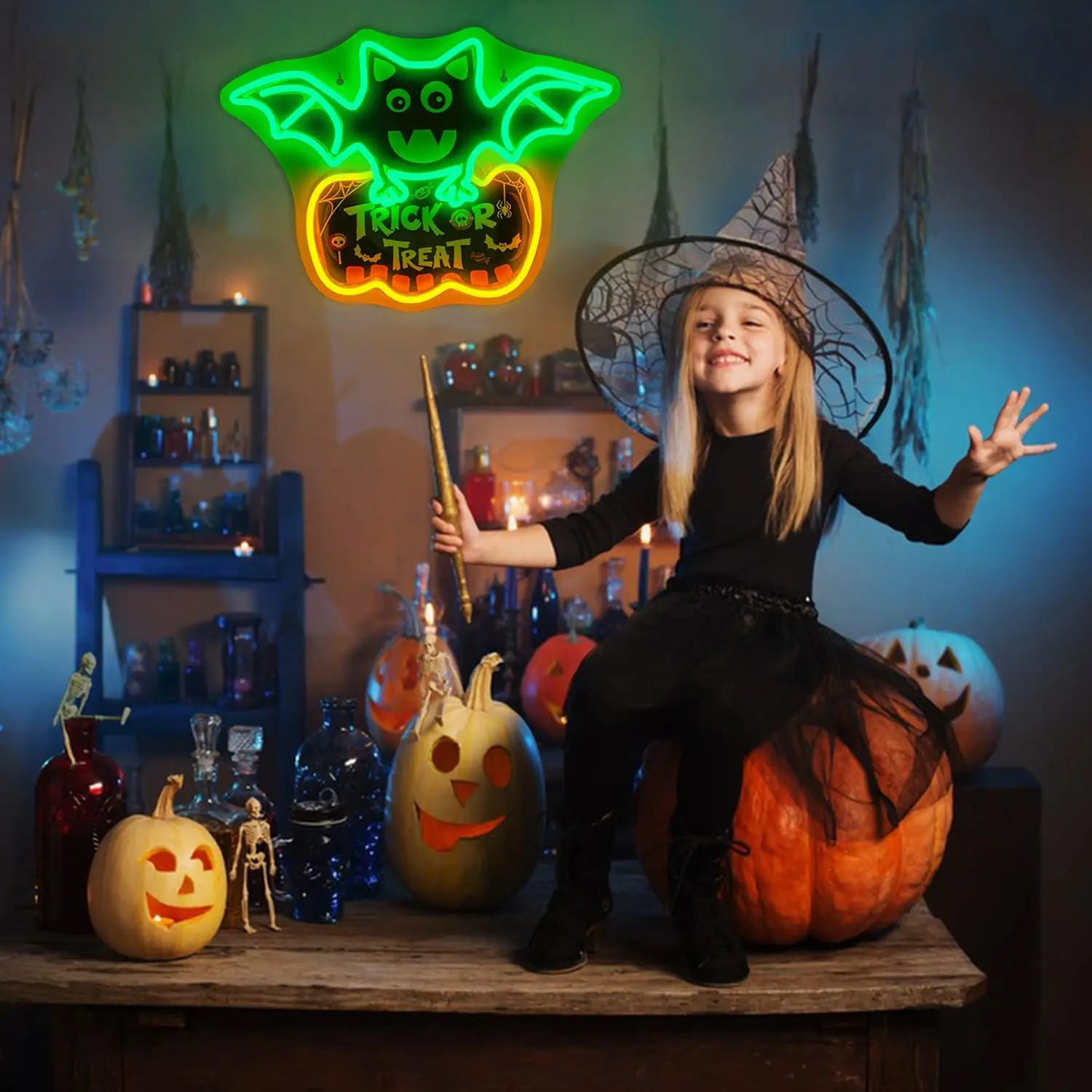 Bat Trick or Treat Halloween Neon Signs UV Printed Happy Halloween LED Light Green Door Light Wall Decor Party Bedroom Bar Club