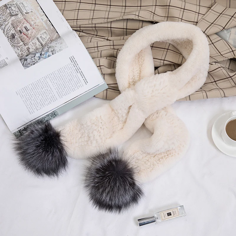 

Women's Winter Rex Rabbit Fur Scarf With Silver Fox Fur Ball Thickened And Warm Neck Warmer Fur Scarves Fashion Lady Knit Scarf