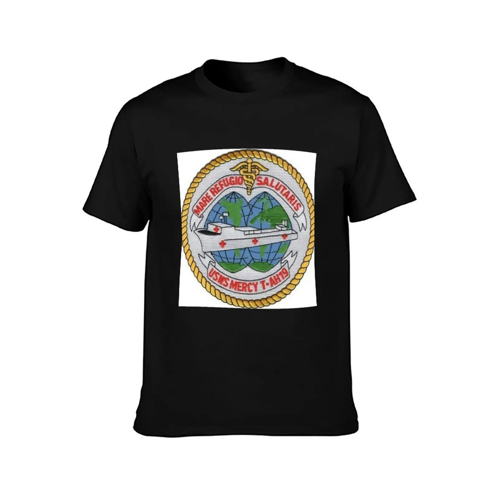 USNS Mercy T-AH-19 Hospital Ship Patch Sticker T-Shirt, Summer Casual Cotton Tee, Oversized Streetwear Tops, Unisex Men Women