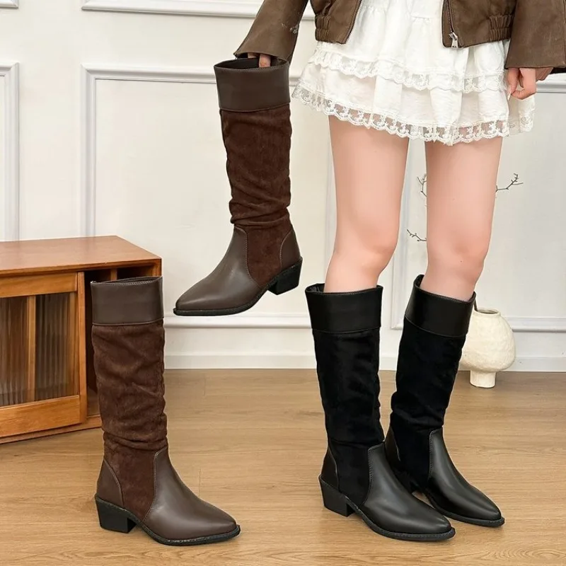Stitching Pointed-toe Knee-length Boots, Slim-fitting, Casual, and Versatile High Heels