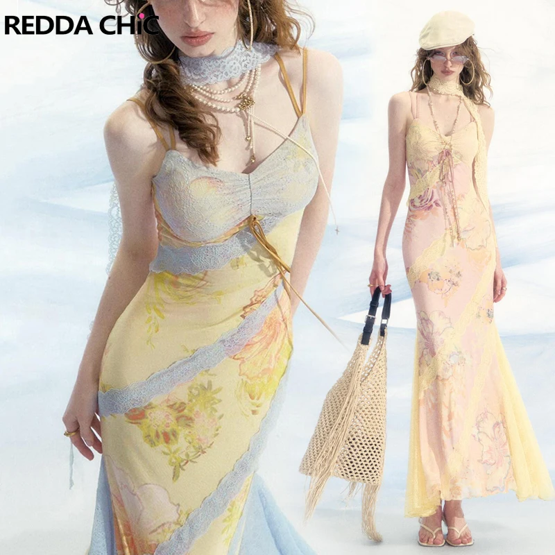 

REDDACHiC Blooming Garden Flowy Women Camisole Dress Scarf Neck Ribbon Corset Mermaid Maxi Long Dress Fairycore Summer Clothes