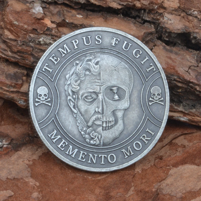 TEMPUS FUGIT MeMeNto Mori Coin  Your Time Is Limited Antique Metal Skull Coin Remind Carrying Inspirational Stoic Coins