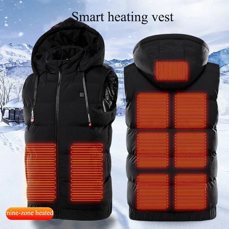 9 Areas Heated Vest Hooded Thickening Men/Women Outdoor Hunting Rapid Heating Winter Super Warm Heating Jackets