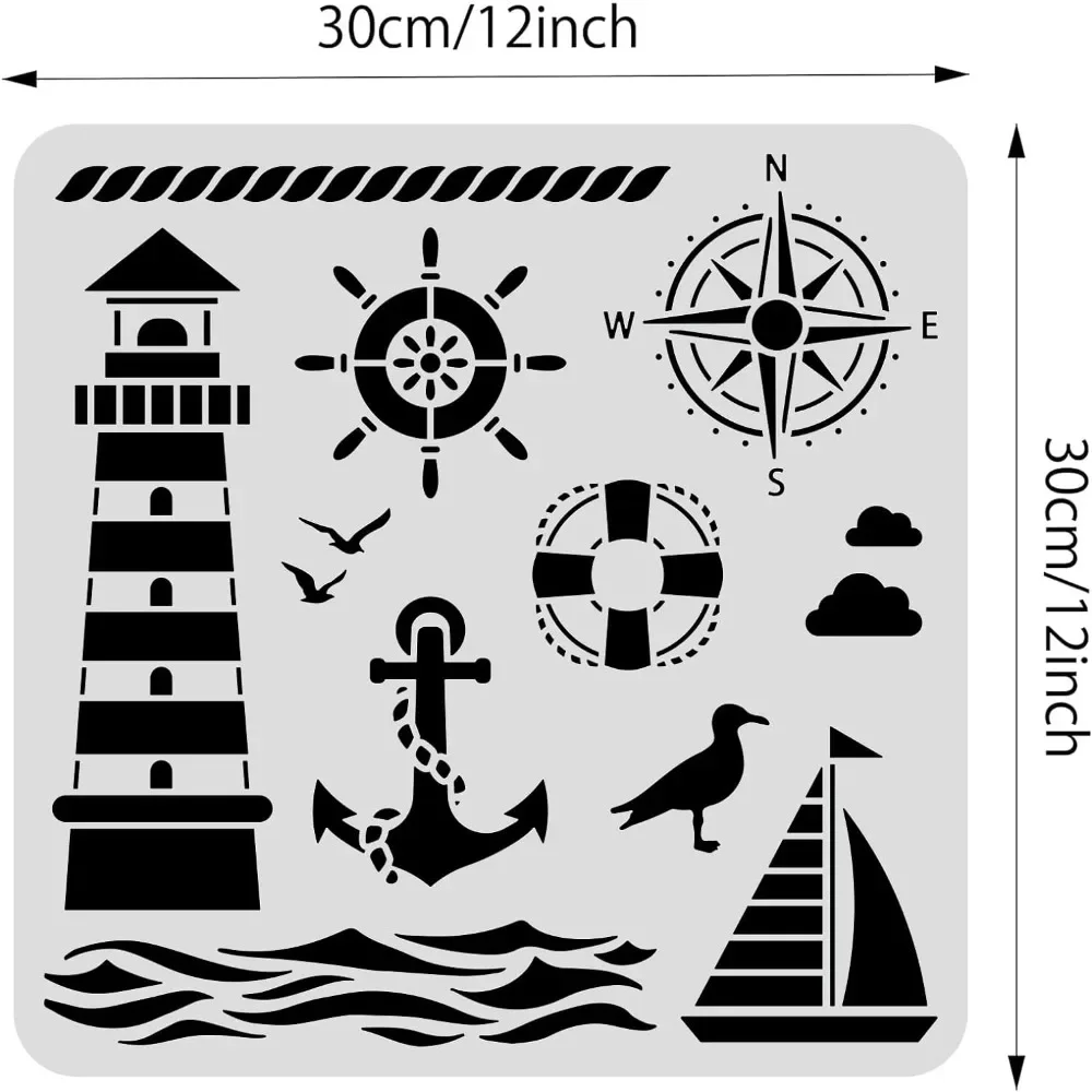 Lighthouse PET Plastic Drawing Templates 11.8x11.8 Inch Compass Anchor Template Stencil for Scrabooking Card Making, DIY Wall