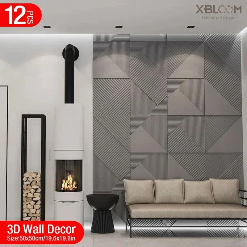 12pcs 50cm 3D wall decor Wood grain slatted wall panel 3D groove texture panel tile living room wall sticker waterproof bathroom