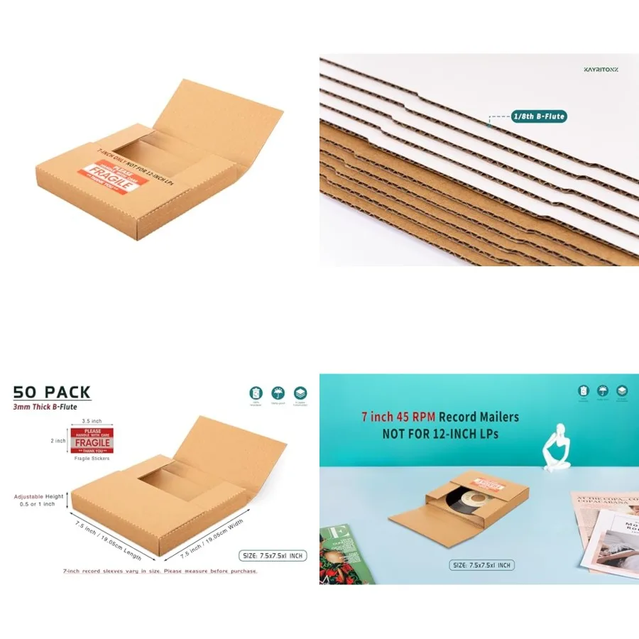

7-inch 45 RPM Record Mailers, 7.5x7.5x1 inch Small Kraft Corrugated Shipping Boxes for 7-inch Vinyl NOT for 12-inch LPs,with Fr