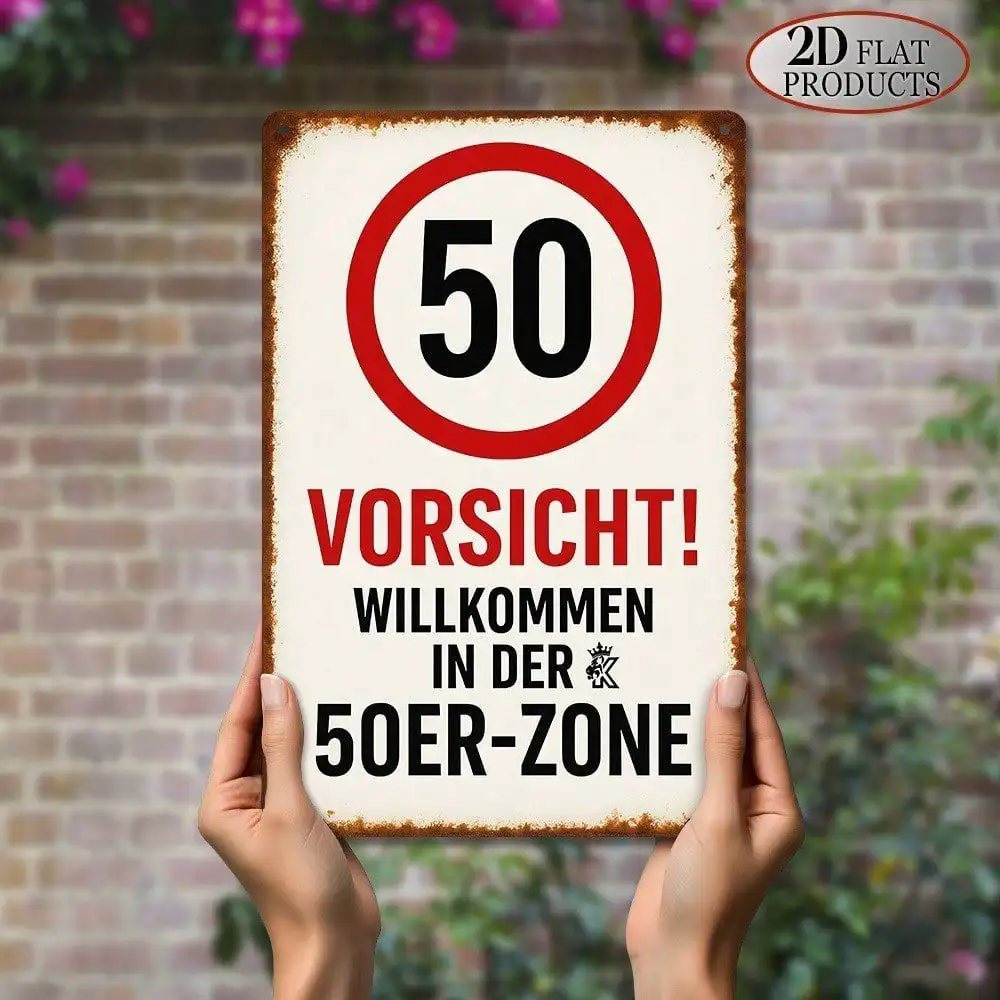 Vintage 50th Birthday German Speed Limit Sign – 2D Flat Iron Metal Plaque, Funny Wall Decor for Home Bar Garage, Rustproof Durab