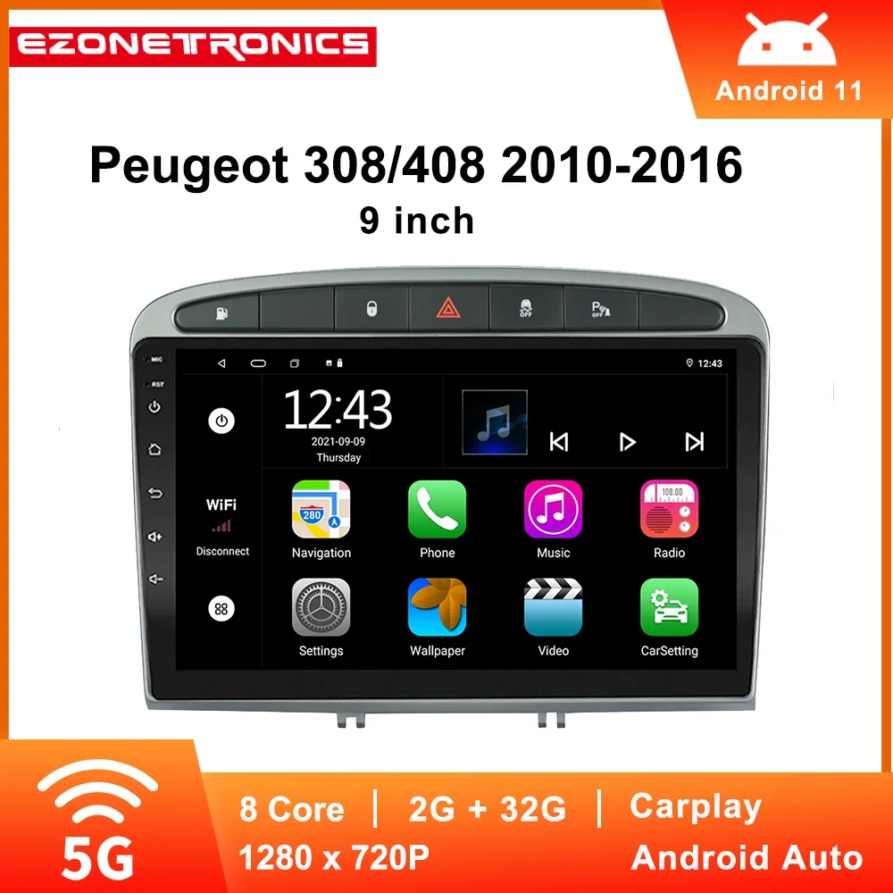 

Ezonetronics Android 11 автомобильное радио 9 дюймов для Peugeot 308/408 2010-2016 емкостный сенсорный экран GPS навигация Bluetooth