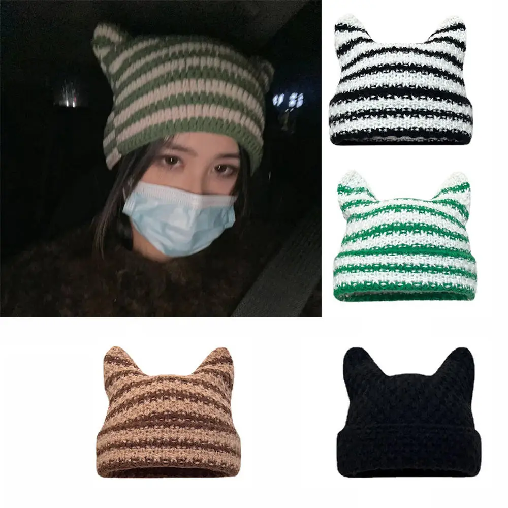 Christmas Hat Y2k Trend Autumn Winter Unisex Harajuku Punk Gothic Knit Cat Ear Little Devil Kawaii Millinery Soft Knit Hat