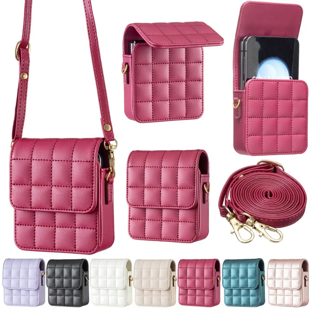 Creative Multicolor Phone Bag PU Grids Crossbody Bag Headphone Lipstick Adjustable Strap Square Bag Universal Foldable Phone