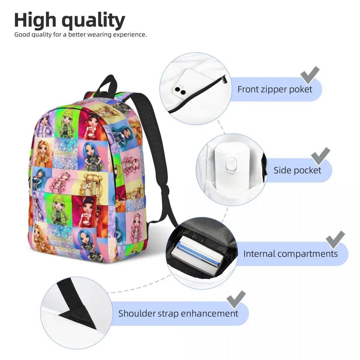 Rainbow High Girls Backpack for Preschool Kindergarten School Student Bookbag Boy Girl Kids Daypack Gift