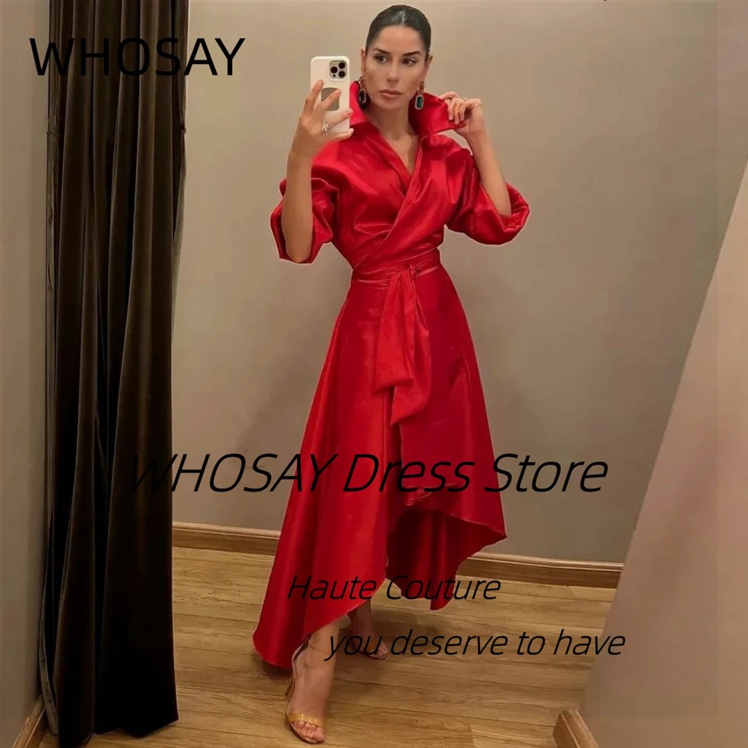 WHOSAY Customized High Low A Line Prom Dresses V Neck Half Sleeves Special Occasion Dress Saudi Arabia Women Party Gowns