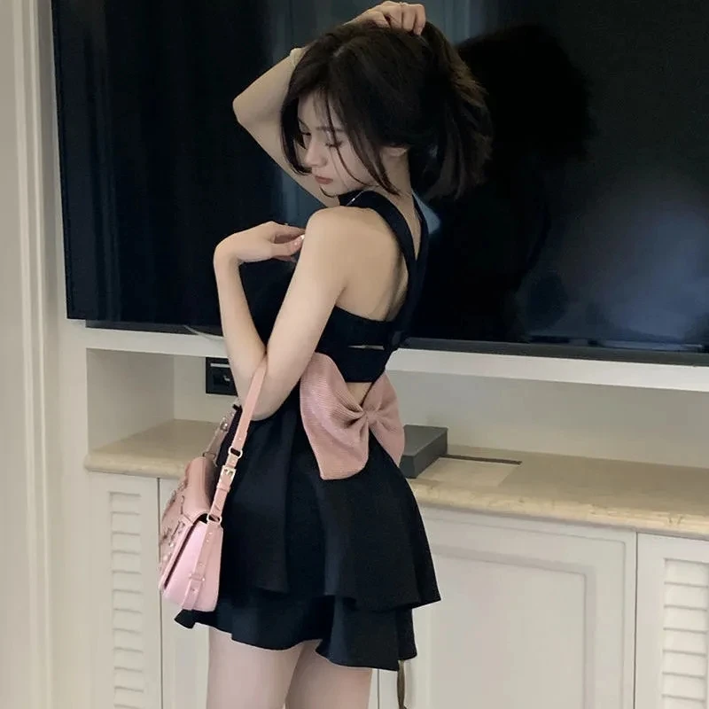 Black Mini Dresses Womens Back-bow Design Korean Lovely Party Dress Fashion Leisure Summer Y2K Hollow Backless Strapless Dress