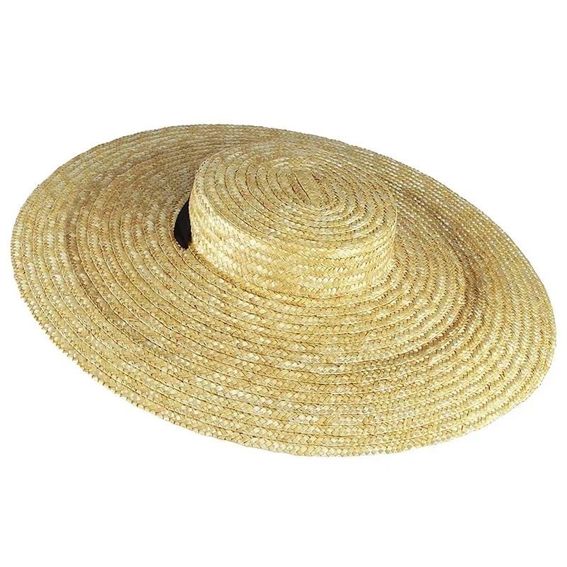 Ladies Summer Fashion Elegant Flat Top Wide Brim Straw Hat with Black Ribbon Tie Sun Hat Beach Cap 12/15/18cm