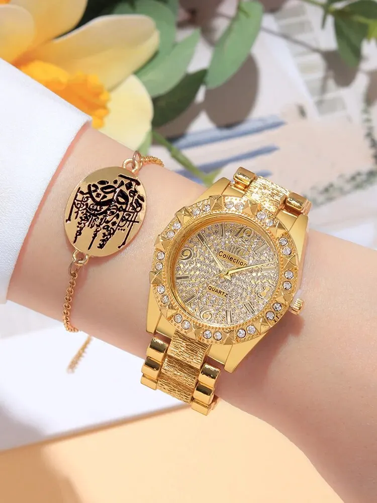 2PCs Women\'s Fashion Versatile Diamond Steel Band Gold Quartz Watch+Bracelet Set