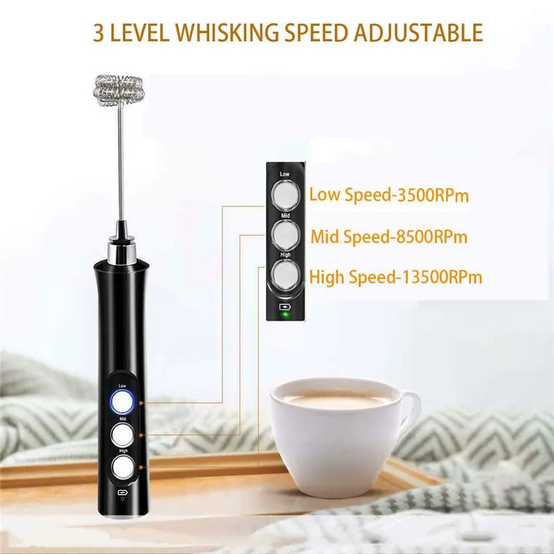 Electric Foamer Mixer Whisk Beater Stirrer 3-Speeds Coffee Milk Drink Frother USB Rechargeable Handheld Food Blender Whisk