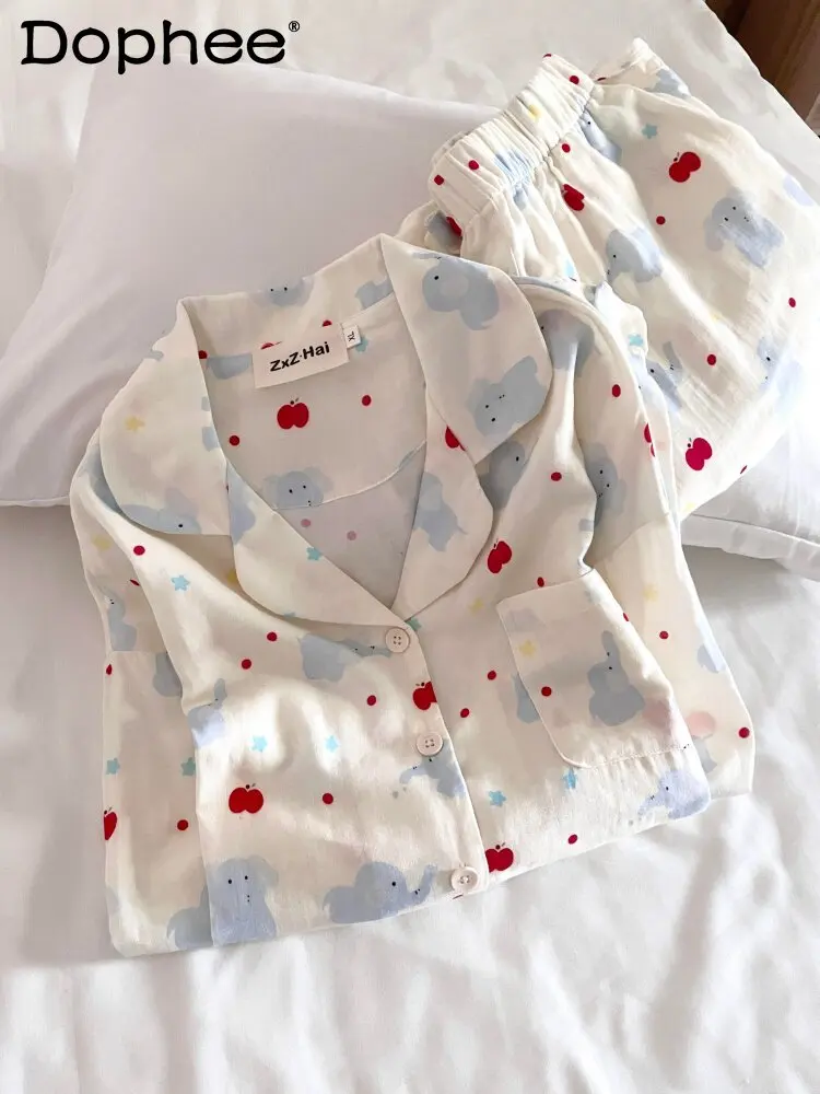 

2025 Autumn New Sweet Cute Cartoon Print Long Sleeve Pajamas Casual Cotton Home Wear Set for Women