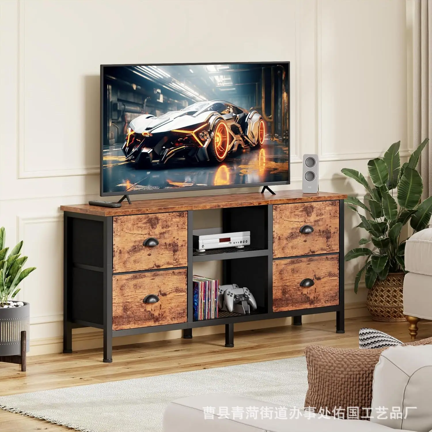 Modern simple living room TV cabinet with drawers Household large-capacity storage cabinet Household iron-wood combined shelf