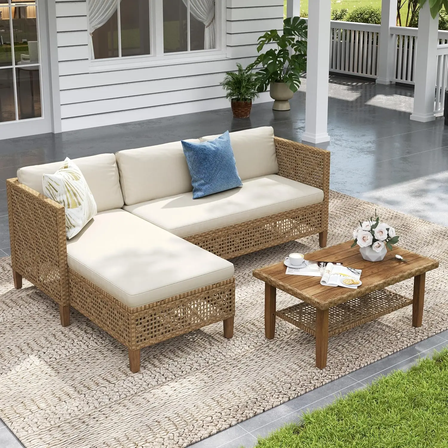 

Boho Rattan Patio Sectional Set with Thick Cushions & Coffee Table – Balcony, (Beige)