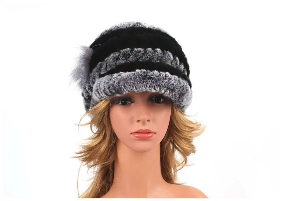 Winter Pelz Hüte für Frauen Rex Kaninchen Fell Elastische Gestrickte Hut mit Blume Pelz Hut Großhandel Baseball Kappe Weibliche Echtpelz Bonnets – Detail 16
