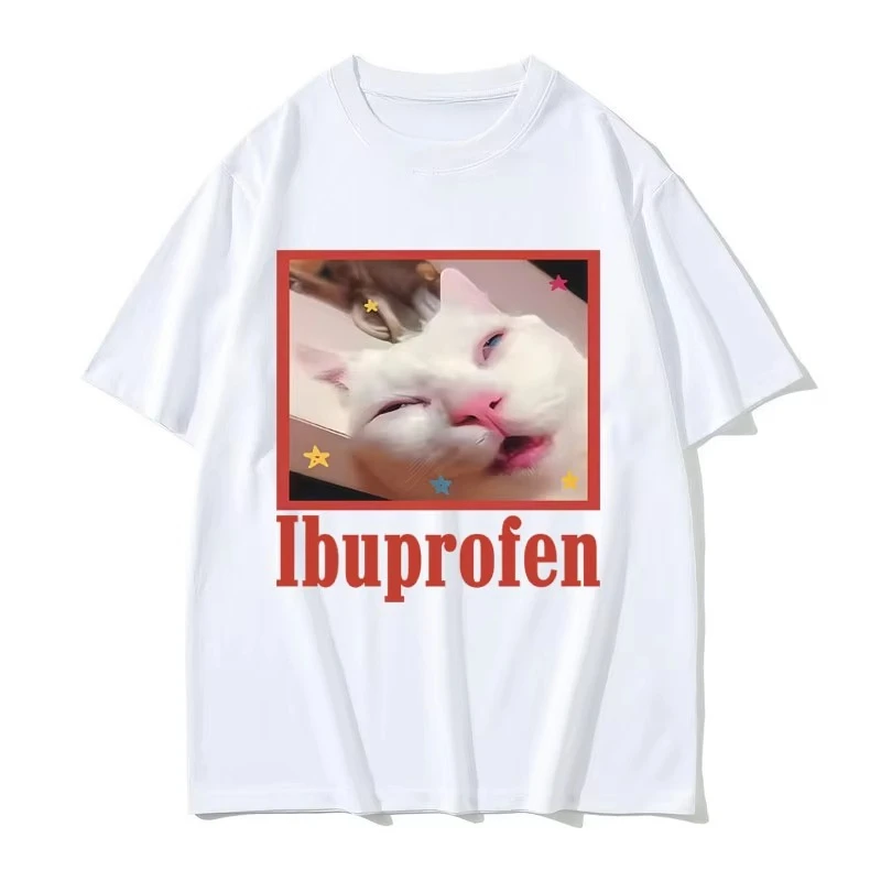 

Summer Ibuprofen Cat Meme T-Shirt Men Women Funny Vintage Graphic Cotton Short Sleeve Casual Humor Trendy Streetwear