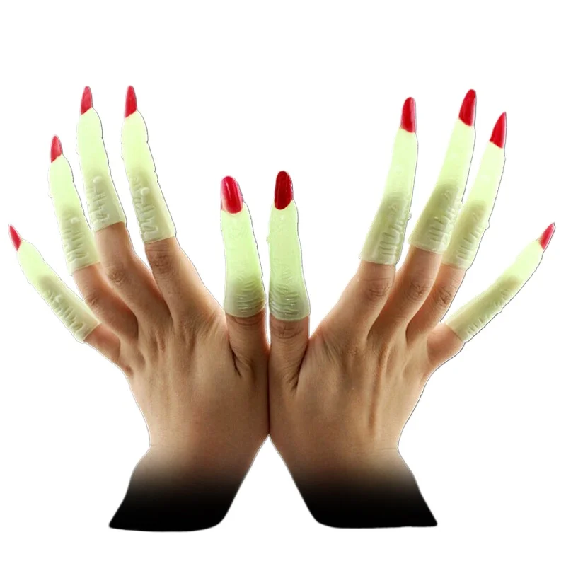 อุปกรณ์ประกอบนิ้วแม่มดเรืองแสงในที่มืดพร้อมการตกแต่งเล็บสีแดง อุปกรณ์เสริมชุดฮาโลวีนสุดหลอน