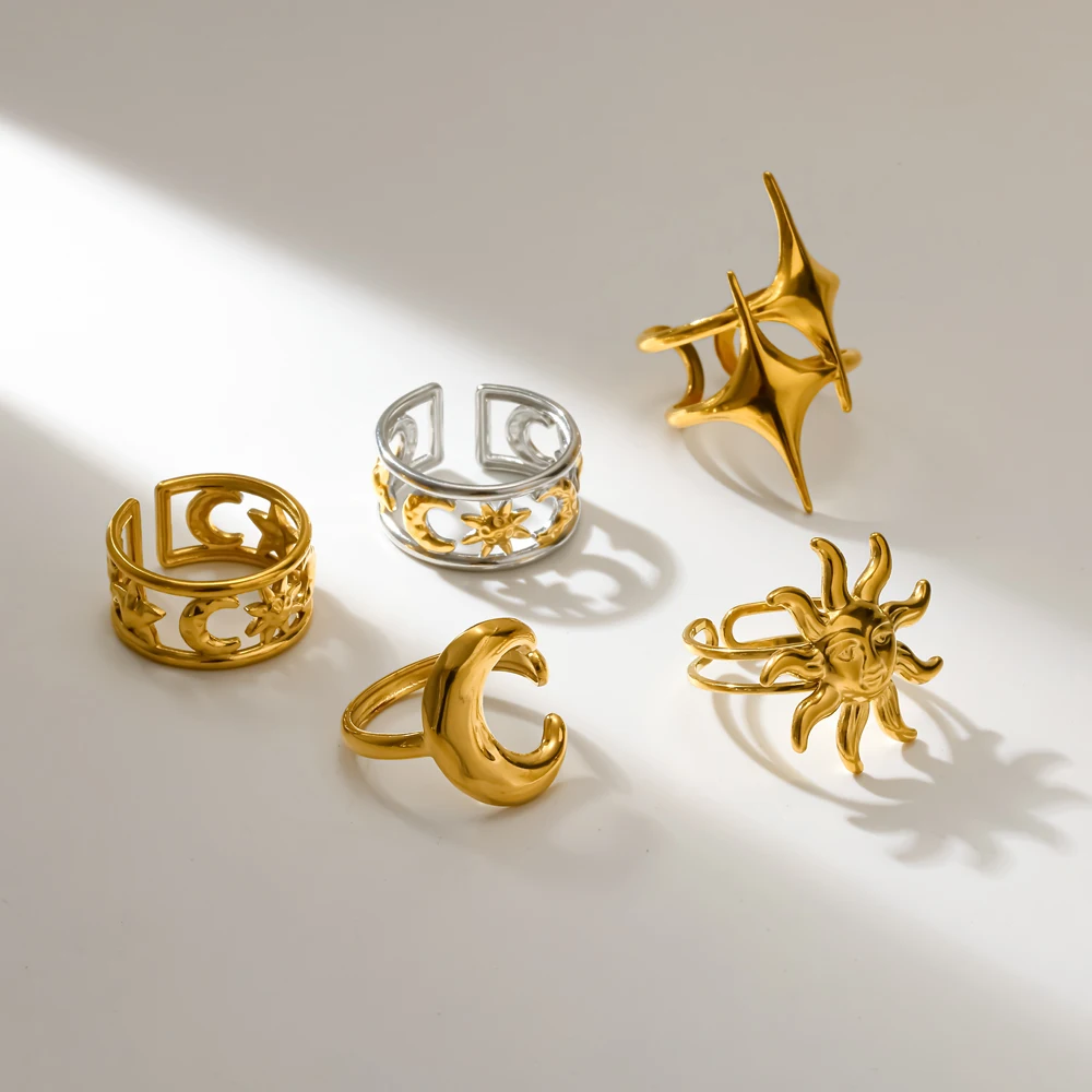 Vintage Edelstahl Geometrie Stern Mond Offener Ring 18K Vergoldet Wasserdichter Party-Schmuck Geschenke – Detail 5