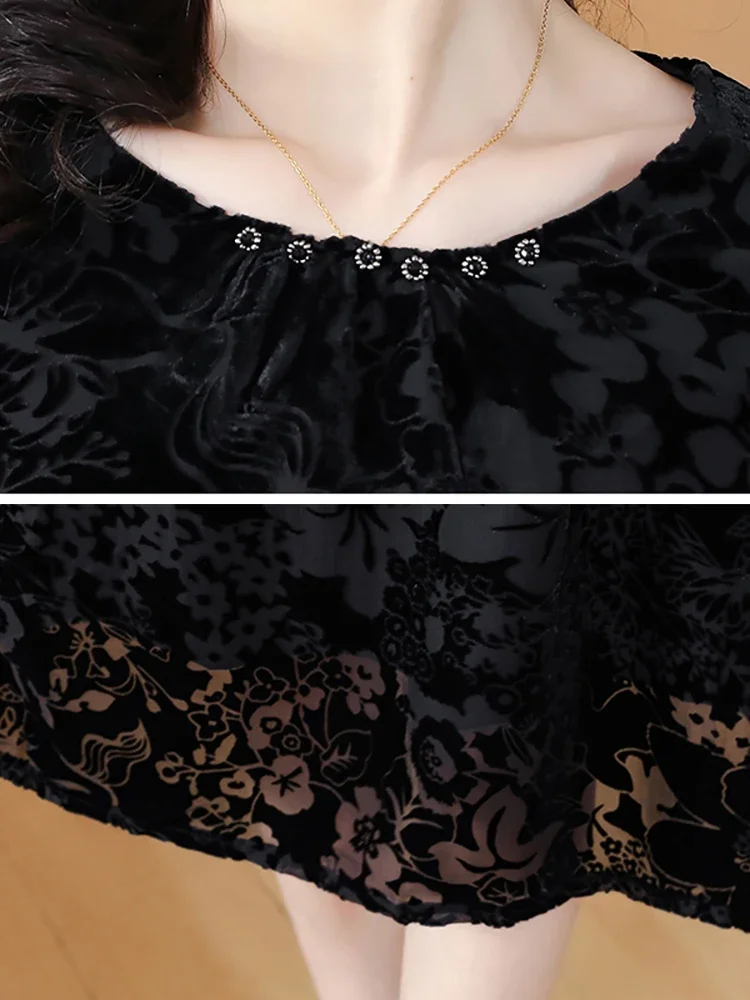 2024 Korean Vintage Hepburn Long Dress Autumn Winter Black Silk Flocking Hook Flower Hollow Dress Women Luxury Elegant Vestidos