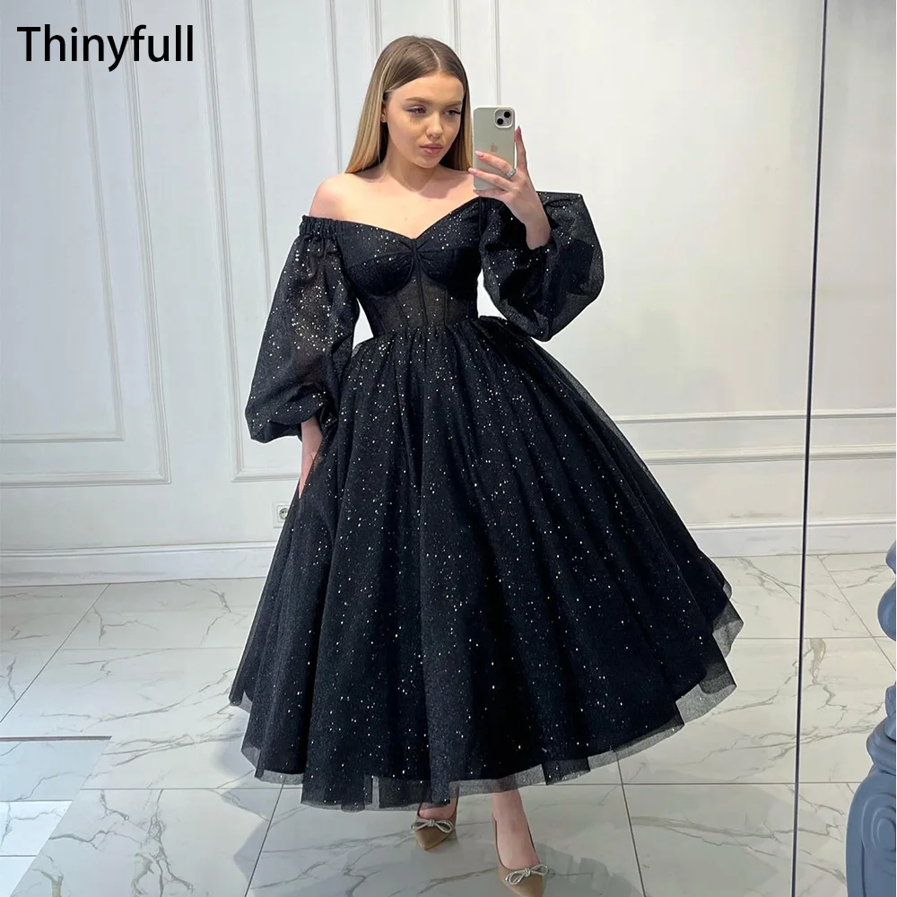 Thinyfull A Line Black Glitter Prom Gown Off Shoulder Tulle Evening Party Dresses Tea Length Prom Dress Customized Events Dress