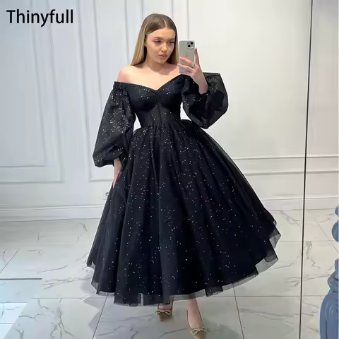 Thinyfull A Line Black Glitter Prom Gown Off Shoulder Tulle Evening Party Dresses Tea Length Prom Dress Customized Events Dress